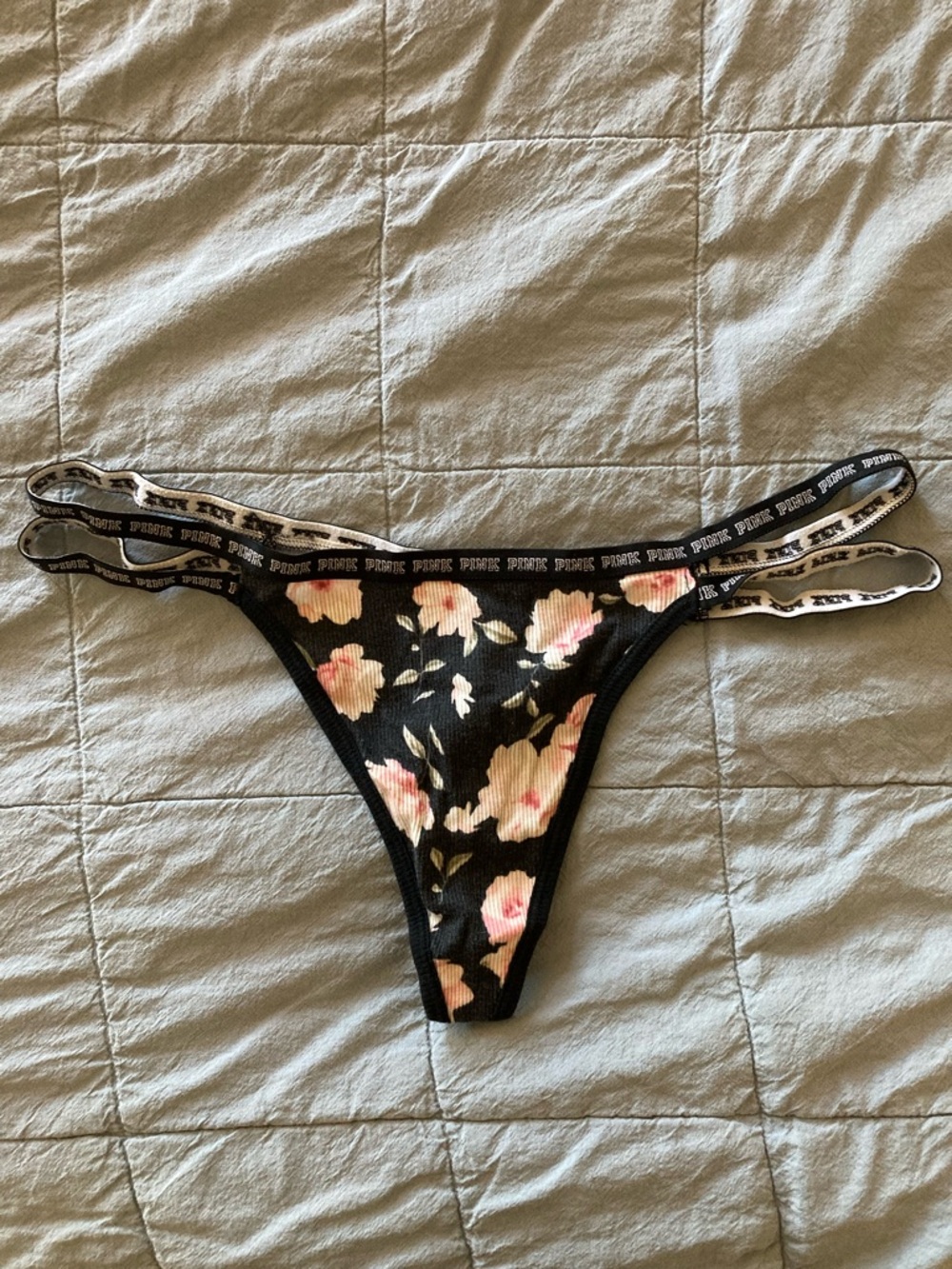 Victoria’s Secret PINK Floral Ribbed Double Strap Thong Black with Pink Flowers